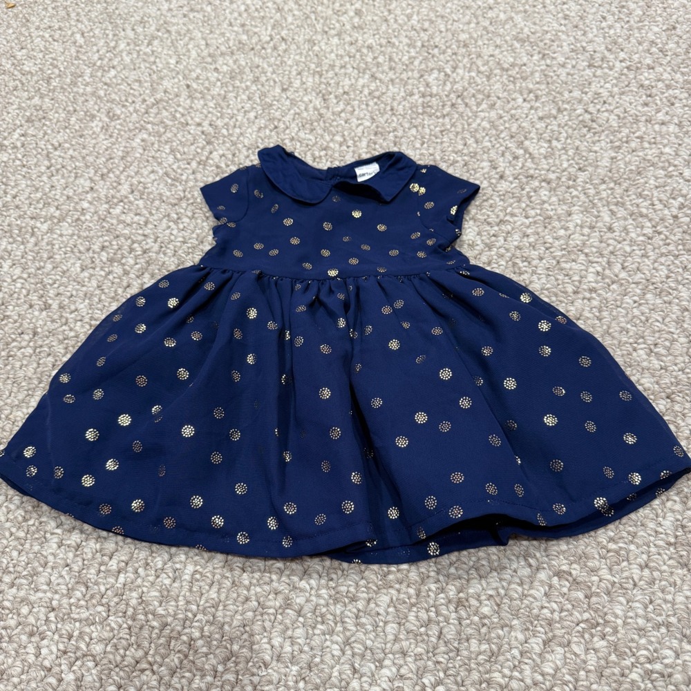 Carters Baby Girls Navy Gold Polka‎ Dot Collar Dress Size 3 Months